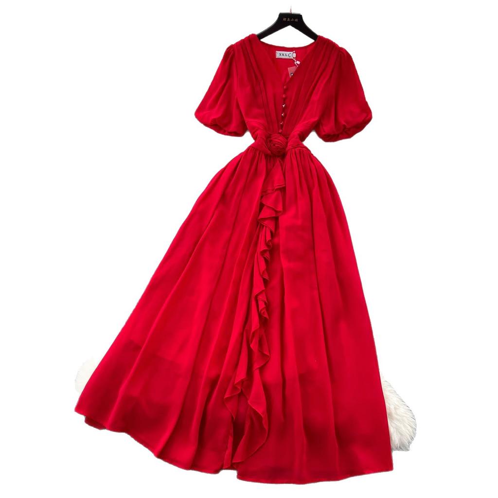 French High-end V-neck Bubble Sleeve Three-dimensional Flower Waist Ruffle Edge Chiffon Dress Women's Elegant Long Skirt
