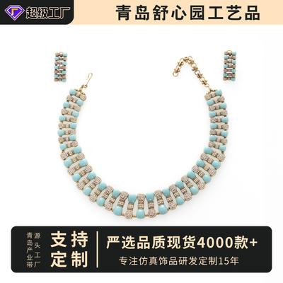 Medieval Vintage Multi-Layer Snake Bone Collar Full Of Pearl Turquoise Necklace Earrings, Necklace Set