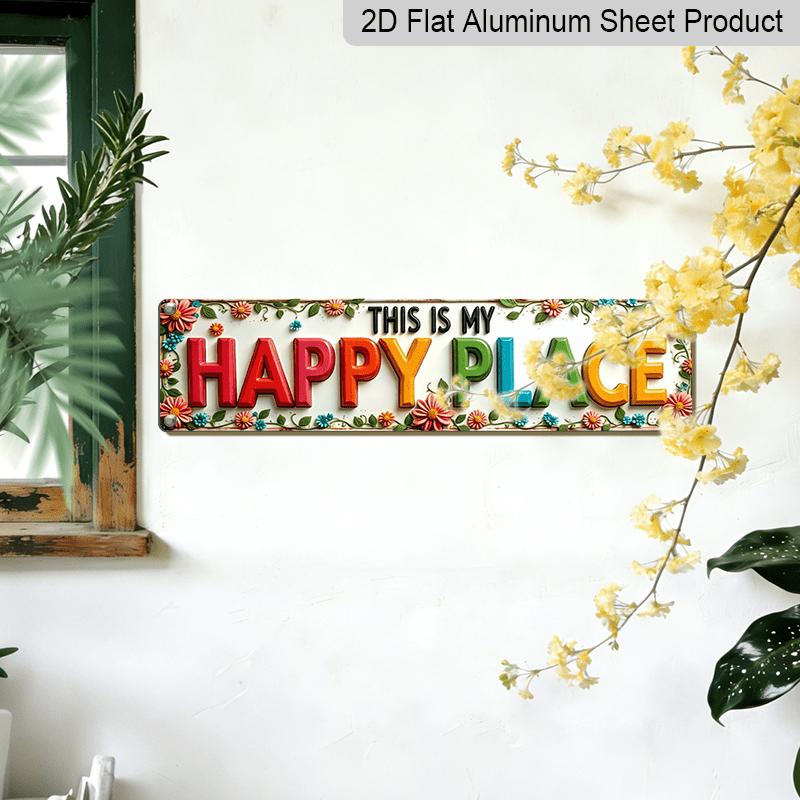 2D Flat, 1pc, Rustic This Is My Happy Place Aluminium Decorative Sign Floral Theme Wall Hanging Vintage Style Wall Decor for Bedroom, Living Room