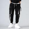Men Hip Hop Drawstring Multi Pockets Straps Ankle Tied Long Cargo Pants Trousers