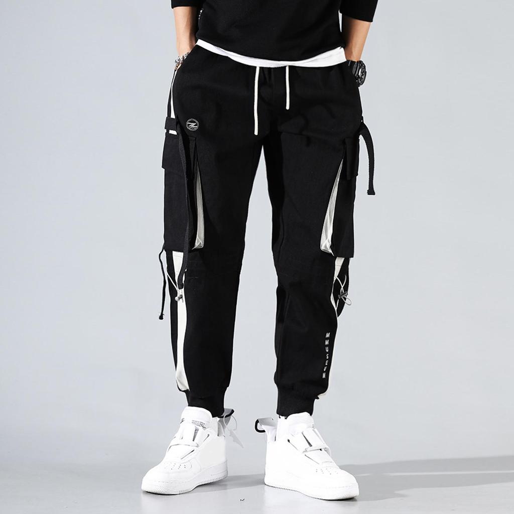 Men Hip Hop Drawstring Multi Pockets Straps Ankle Tied Long Cargo Pants Trousers
