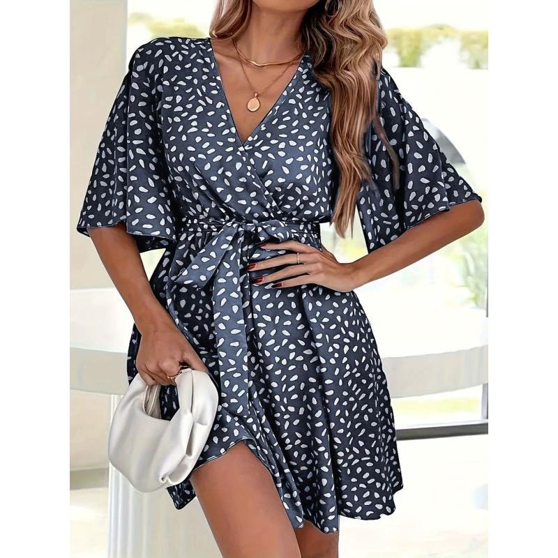 Women s Short-sleeved V-neck Lace-up Polka Dot Printed Short Dress S