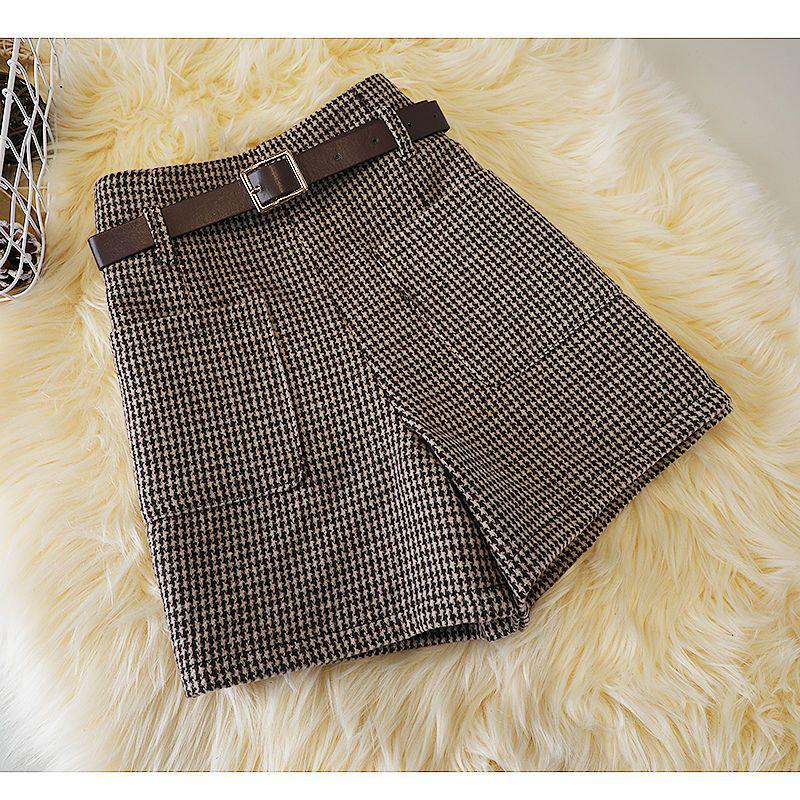 

Women s High Waist Houndstooth Wool Shorts - Autumn/Winter A-Line Korean Style Wide-Leg Pants L