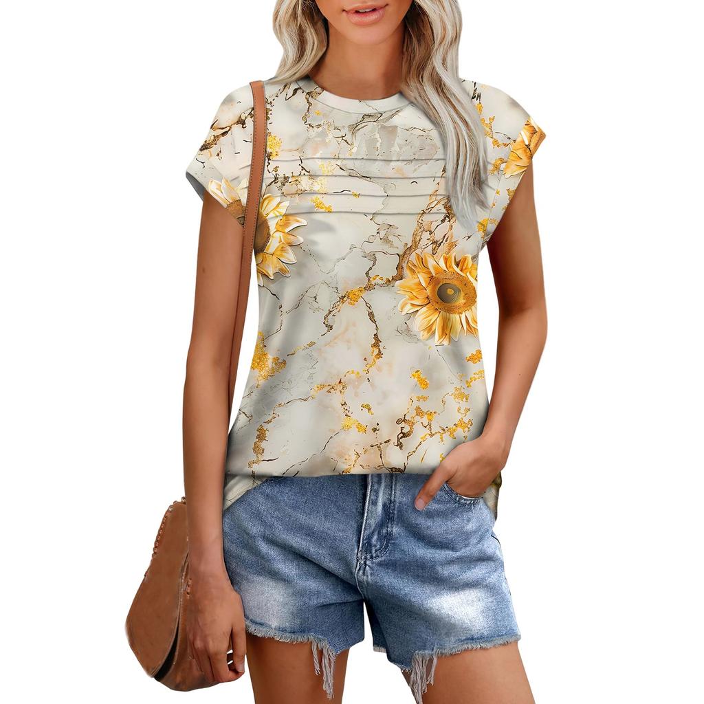 Damenmode Lässig Kurzarm Basic Textur Floral Rundhals T-Shirt Kappenärmel Top