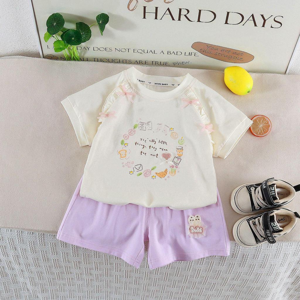 Summer 2026 Girls' Floral T-shirt & Shorts Set - Stylish Round Neck Two-Piece Outfit