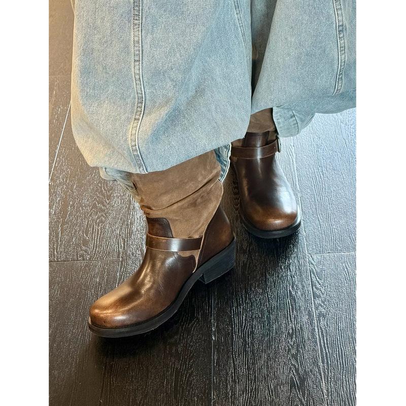 Retro Old Fashion Boots Women's 2025 New Polished Thick Heel Platform Knight Boots Belt Buckle Medium Tube Stack Boots