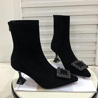 Damen Stiefeletten Damen Stiefel Damen Schuhe Damenmode High-Heel Spitz Flock Frühling Herbst Strass Kurze Stiefel
