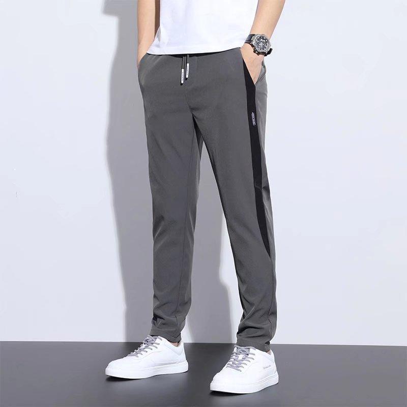 

Casual Trousers Men s Summer New Four-sided Elastic Thin Ice Silk Straight Pants Light Business Splicing Slim Pants M