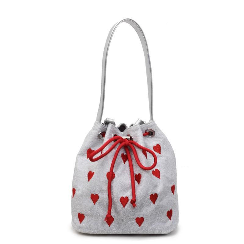 

Ins-style Fashionable Drawstring Bucket Bag Korean Style High-texture Embroidery Love Portable срібний
