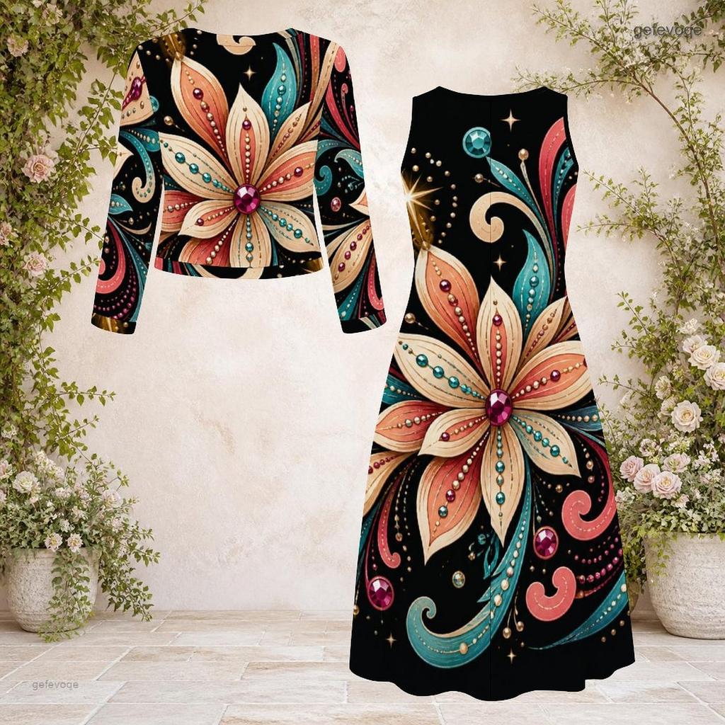 Women Plus Size Black Gold Printed Round Neck Long Sleeve Cropped Cardigan Two Piece Dress Set