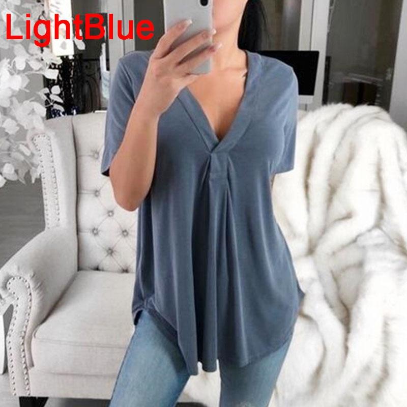 Summer Sexy Women Fashion Casual Loose Tops Casual T-Shirt Summer V-Neck Solid Color Plus Size Short Sleeve Blouse