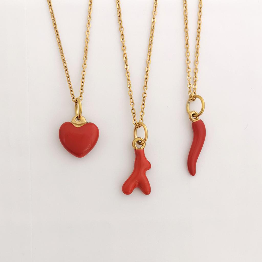 Women Pendant Necklace Stainless Steel Red Pepper Coral Heart Slim Choker Gold Waterproof Sex Elegant Gift