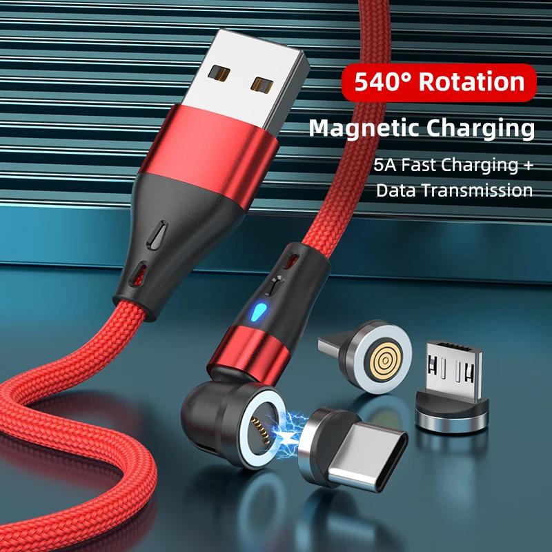 540 Rotate Magnetic Cable 5A Fast Charging Type C Cable For iPhone Xiaomi Realme Micro USB Magnet Charger Phone Data Cord