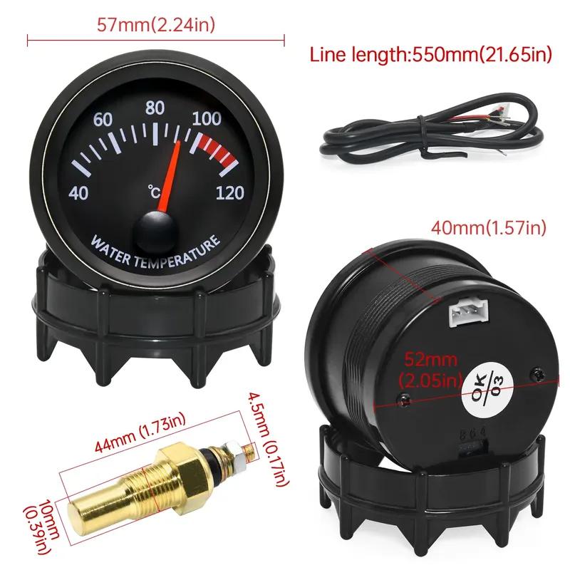 12V 52mm Car Water Temperature Gauge 40~120 ℃ with Water Temp Sensor 10mm Water Temp Joint Pipe 1/8NPT Sensor Adapter Car Racing