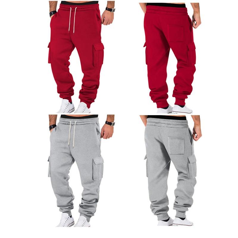 Men Fleece Casual Cargo Pants Loose Multi Pocket Drawstring Long Trousers