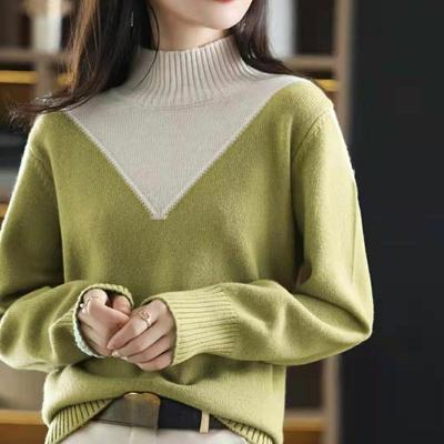 Autumn and Winter Fashion Half High Collar French Splice Fashion Versatile Loose and Slim Women's Sweaters