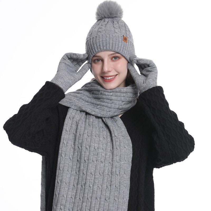 Womens Knit Hat Scarf Gloves Set Touchscreen Winter Warm Fleece Lined Solid Color