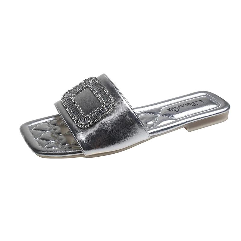 Fashion Ladies Shoes 2024 Brand Basic Women's Slippers Fashion Crystal Daily Slippers Women Summer Square Toe Peep Toe Flat Slippers