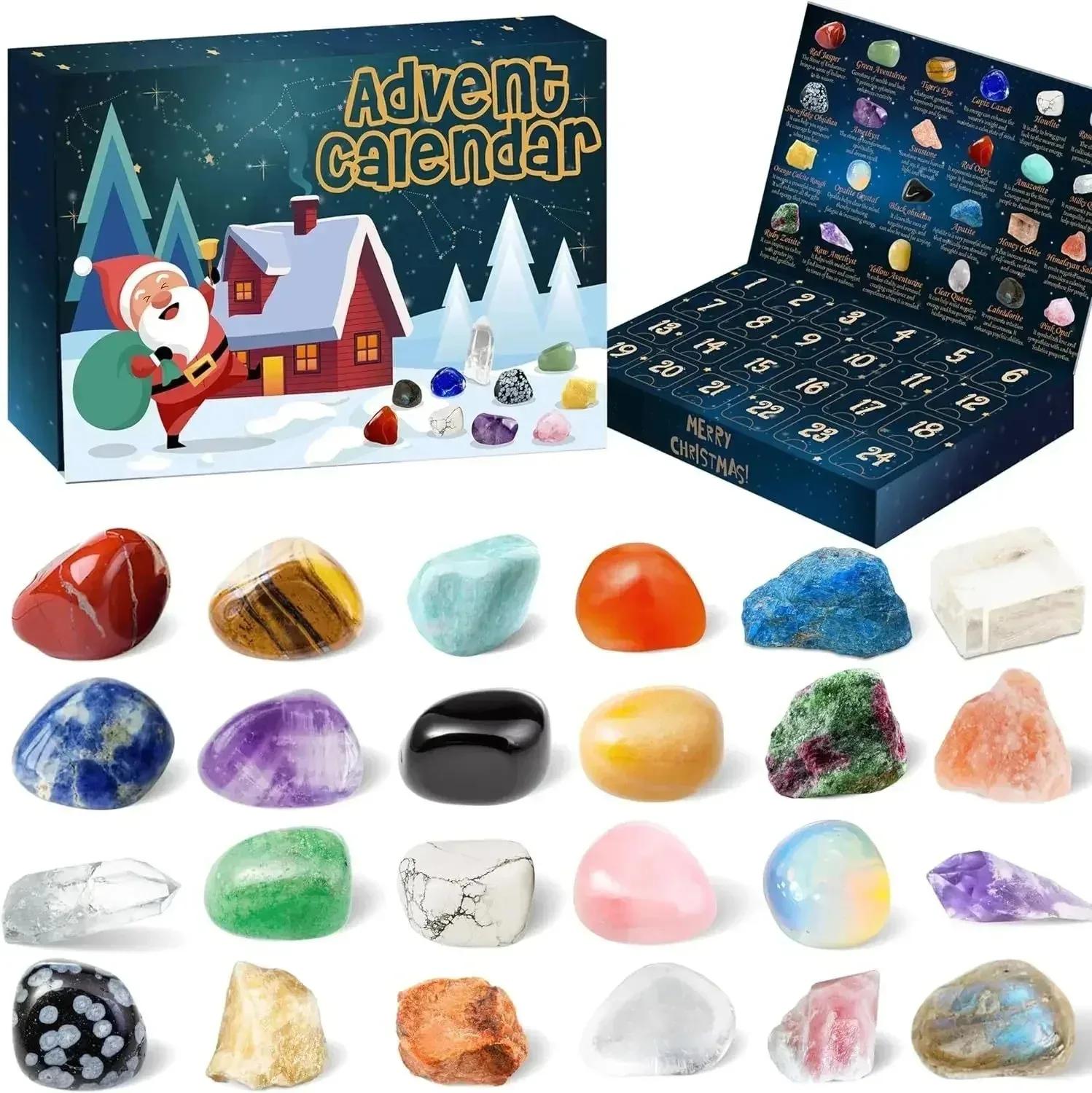 Christmas Advent Calendar Natural Crystal Gemstones Collection Box 24 Days Countdown Calendar Crystal Stone Gift Box for Kids as show