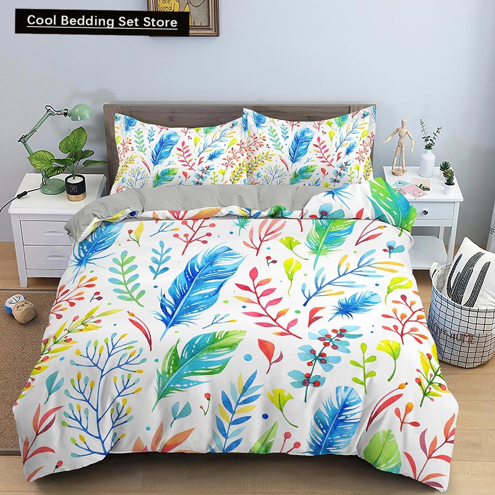 Feathers Duvet Cover Queen/King Size Boho Colorful Bird Feather Bedding Set Tropical Leaves 2/3pcs Polyester Comforter Cover