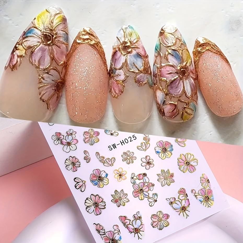 5D Nail Stickers Glitter Golden Dasiy Flowers Geometric Lines Decor Acrylic Embossed Sliders Golden Frame Spring Nail Decals Cherry Blossom Manicure