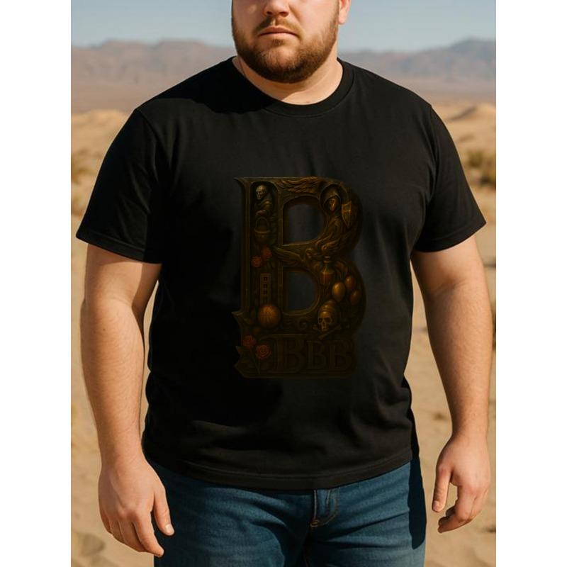 

European sizes Men s B Letter Print Short Sleeve T-Shirt - Casual Round Neck Relaxed Fit Blouse for all-Season 4XL чорний