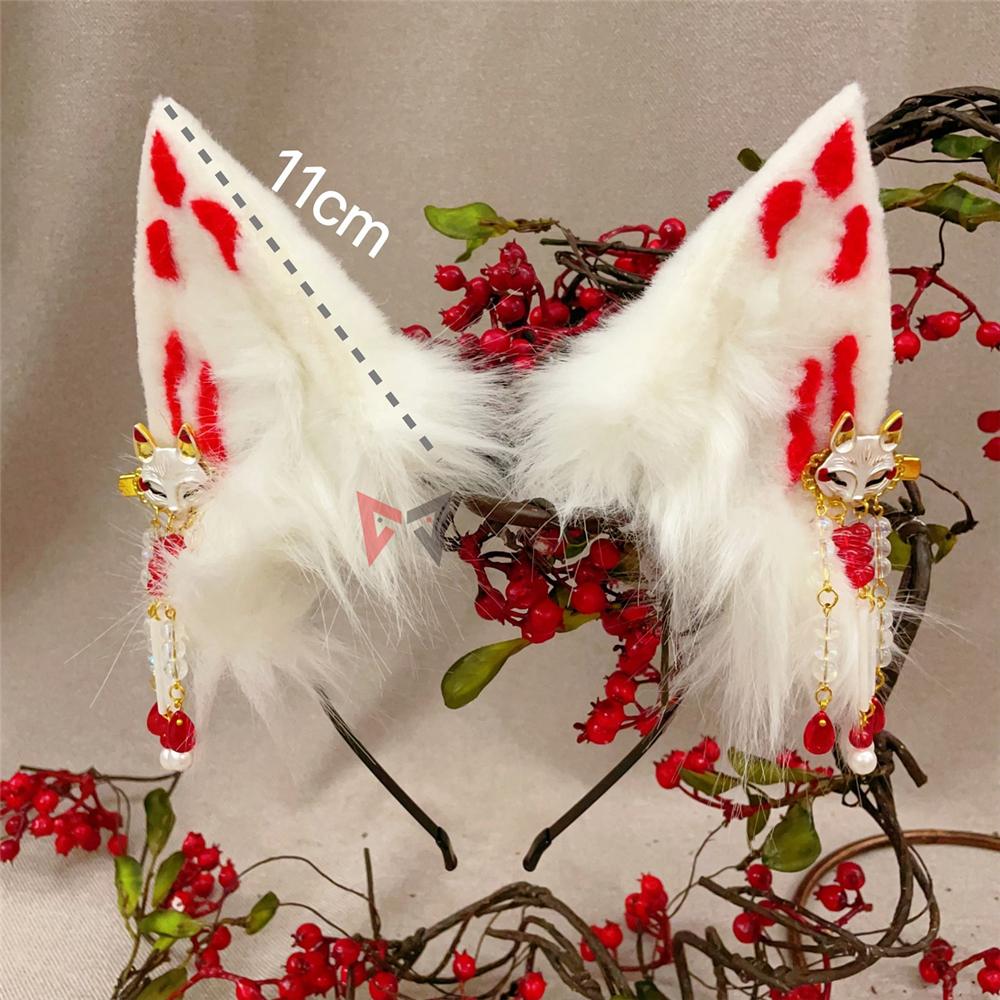 

New Hand Made Work Ninetales Fox Ears Hairhoop Headwear Earrings Tails Red White Color Costume Accessories Custom Made One Size&Normal