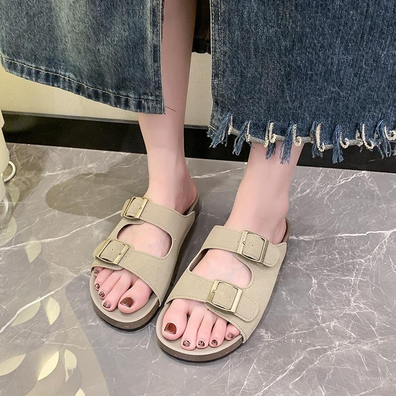 Large size one-word slippers women's new retro belt buckle beach flat-bottomed cool slippers