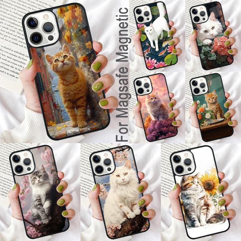 Cute Cat Painting Soft Phone Case for iPhone 17 Air 16e Pro max 15 Pro 13 14 Plus 11 12 MagSafe Magnetic Coque