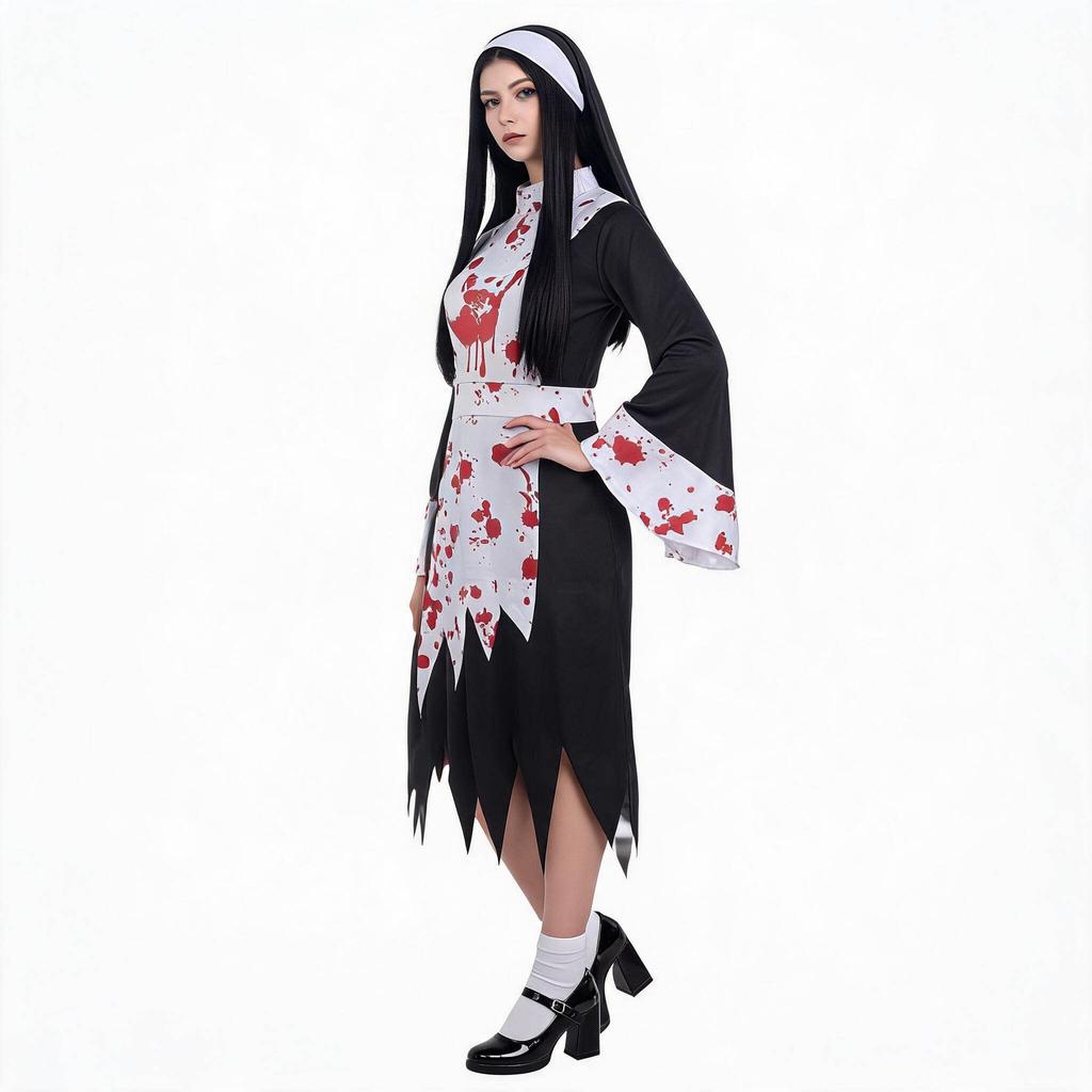 Bloody Zombie Nun Cosplay Dress, Horror Stained Nun Outfit Halloween Stage Wear