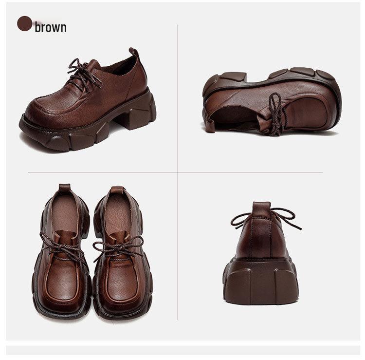 Shanghai Retro Platform Thick Sole Lace-Up Women's Loafers - Versatile, Fashionable, Height Increasing Cowhide Shoes