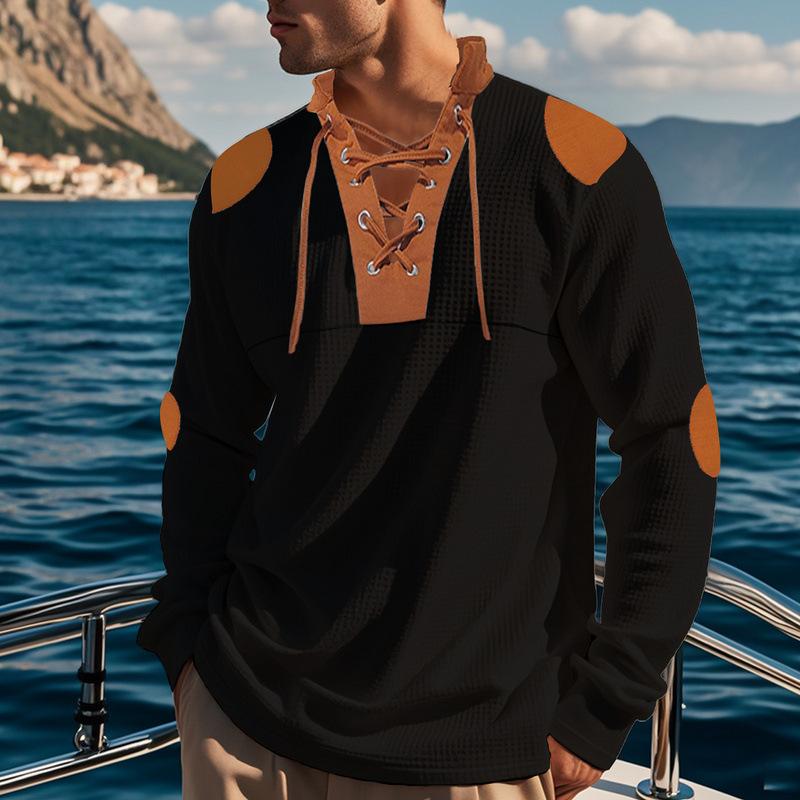 Herbst Neue Herren Patchwork Farbe Strap V-Ausschnitt Top Casual Langarm Base T Shirts Männer Sport T Shirt