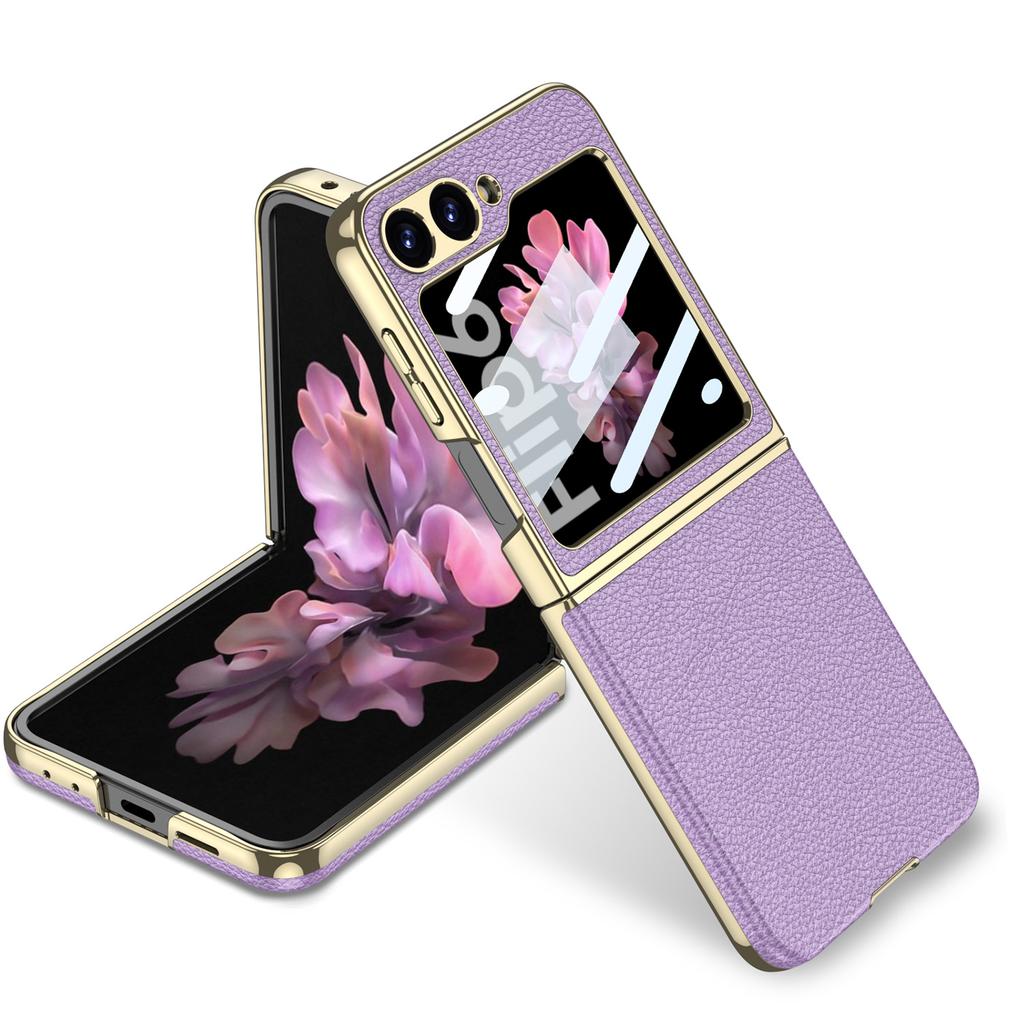Samsung Zflip6 Mobile Phone Case Lychee Leather Pattern Folding Flip6 Personality Electroplating Curved Surface Plain Leather Protective Case