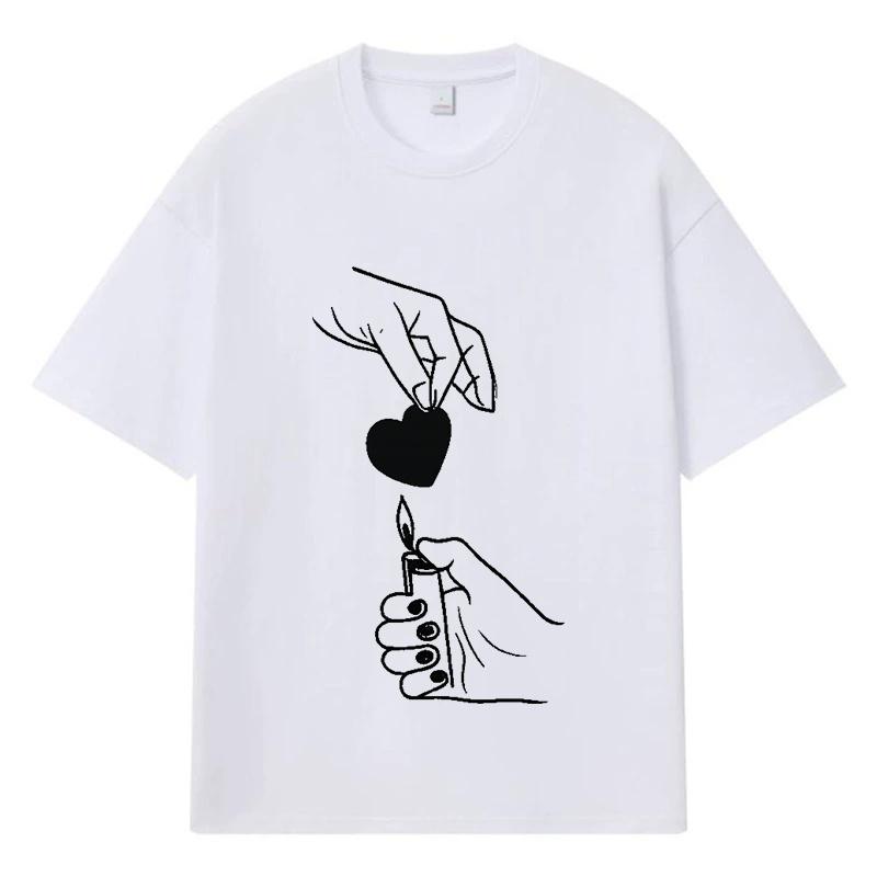 2026 Heart Shape Printed Graphic Y2k Harajuku Streetwear 100% Cotton T Shirt Casual Oversized Summer Men T-shirt