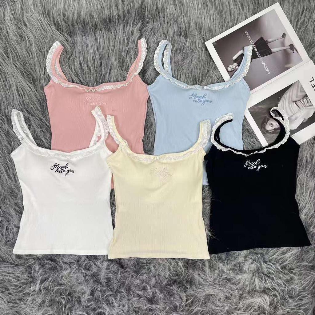 High-Quality Dopamine Lace Slim Fit Cotton Camisole with Latex Breast Pad - Sweet, Stylish Inner or Outer Wear for Women