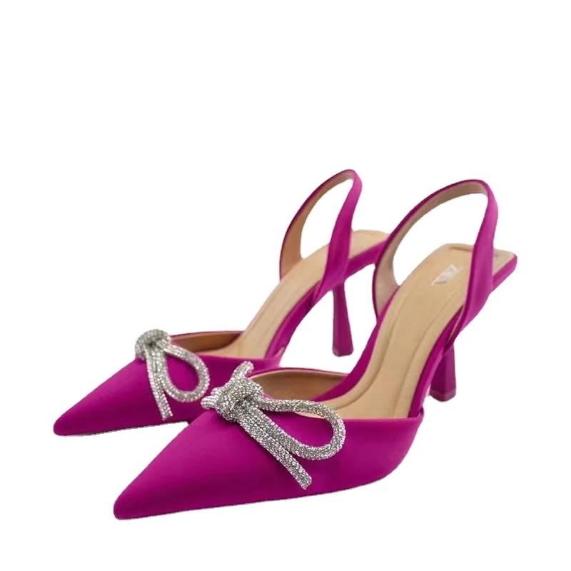

Rose Red 2024 Весна Новый продукт Женская обувь Синие бриллианты Бабочка Роса Каблук Тонкий каблук Босоножки 43 ярко-розовый