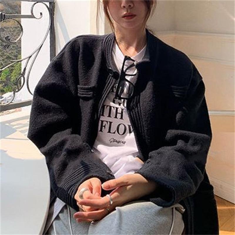 

Женский белый маленький ароматный ветер вязаный кардиган женский осень и зима свободный ленивый ветер свитер куртка топы One size чёрный