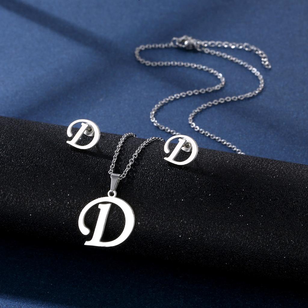 Fashion Alphabet Necklace And Earrings Set Shiny Colorfast Pendant Choker Jewelry