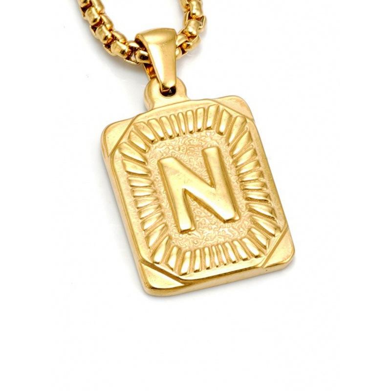 Necklace Jewelry Men's 18K Gold Square Double-sided 26 English Letter Pendant Titanium Steel Necklace