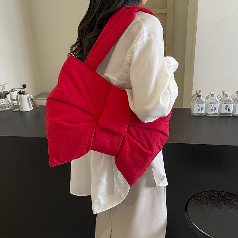 Nylon Puffer Shoulder Bag Women Bowknot Tote Bag Adjustable Strap Female Handbags Purse Causal Crossbody Messenger Bag