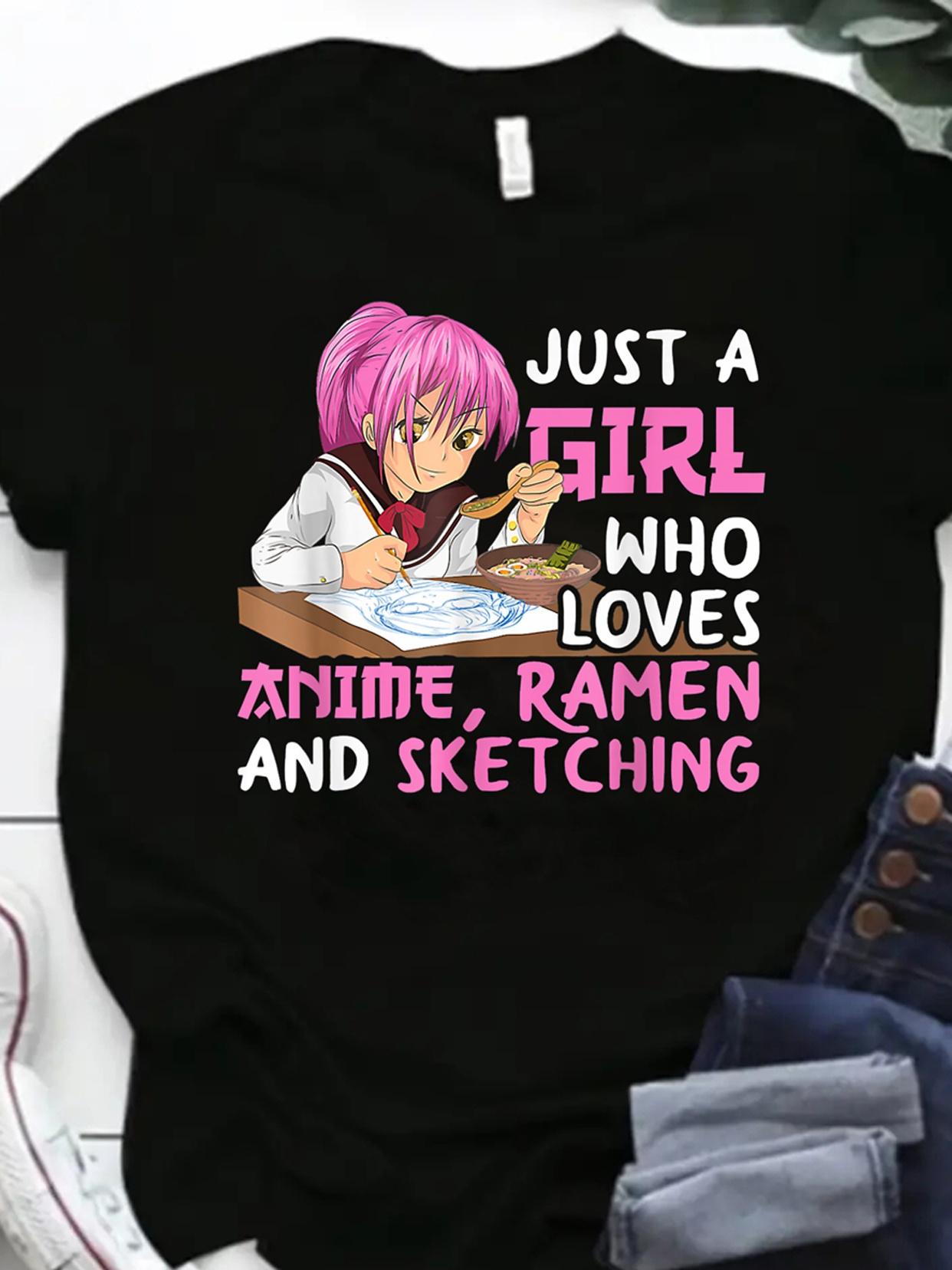 Anime Girl Ramen Sketching T-shirt XXL