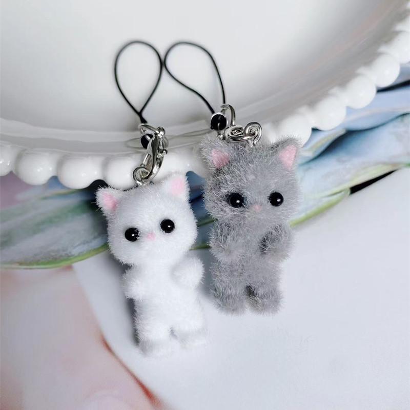 Sales 1 Piece Flocking Fabric 3D Lovely White Black Cat Mobile Phone Charms Cute Animal Cellphone Lanyard Strap
