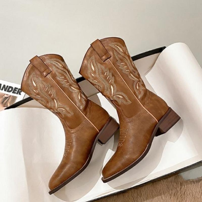 Fashion Middle Heel Leather Square Toe Spring Autumn Ladies Mid Calf Shoes 2025 Novelty Designer Luxury Elegant Women's Half High Boots