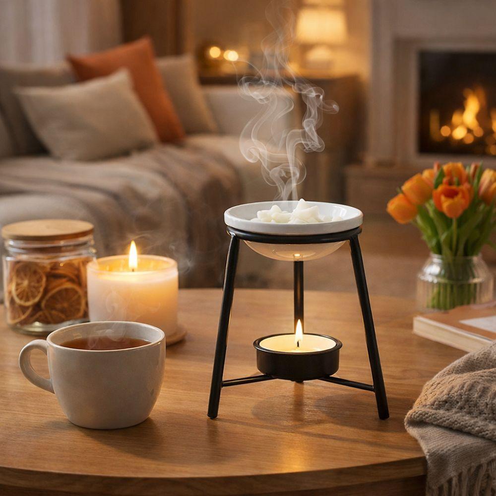 Ceramic Bowl Aromatherapy Stove Iron Base Metal Rack Tealight Holder Romantic Hollow Out Candle Wax Warmer Home Decor