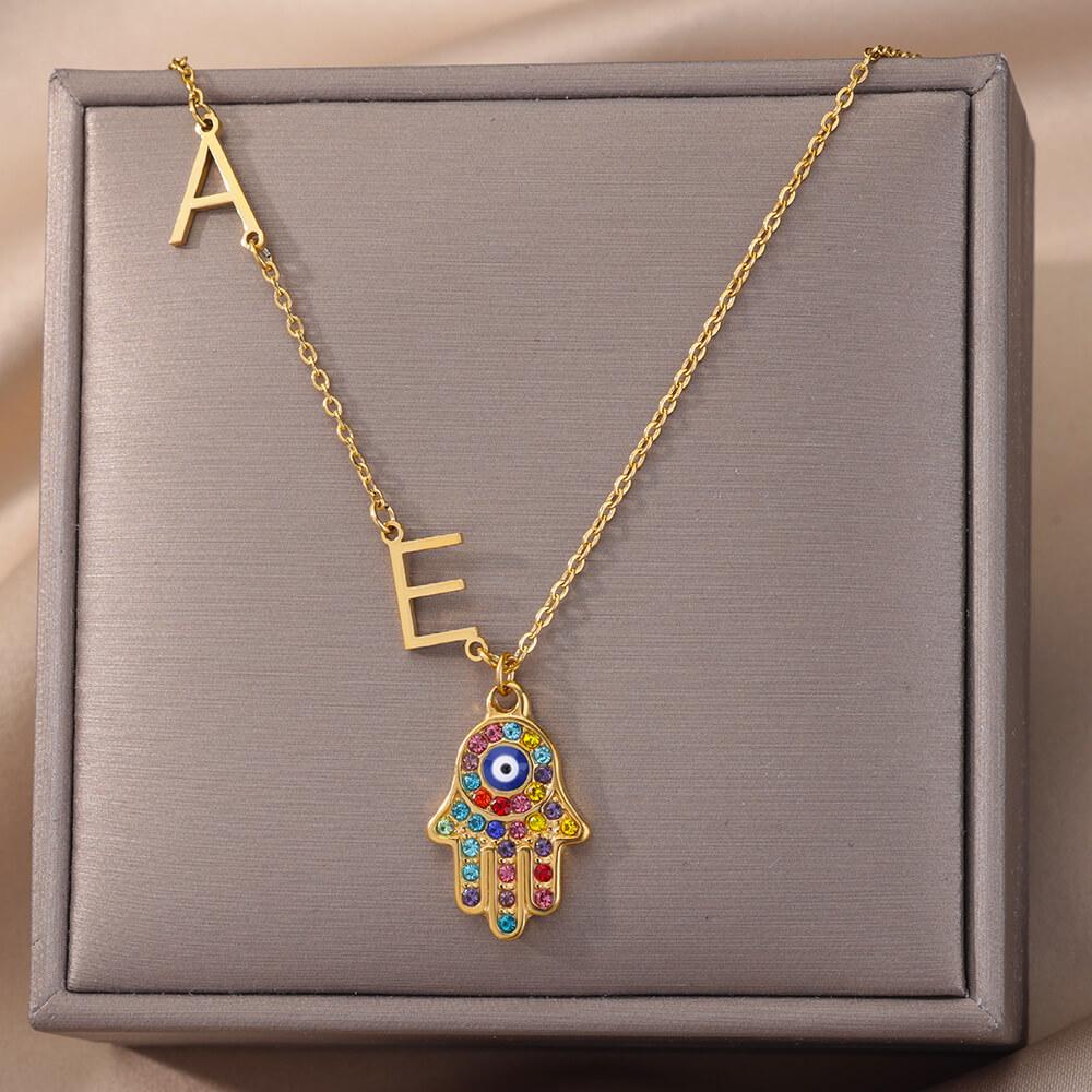 Gepersonaliseerde Naam Letter Kettingen Voor Vrouwen Met Zirkonia Hamsa Hand Aangepaste Naam Boze Oog Ketting Kerst Esthetische Sieraden Y15034YY-50cm&Style1(Default Font)
