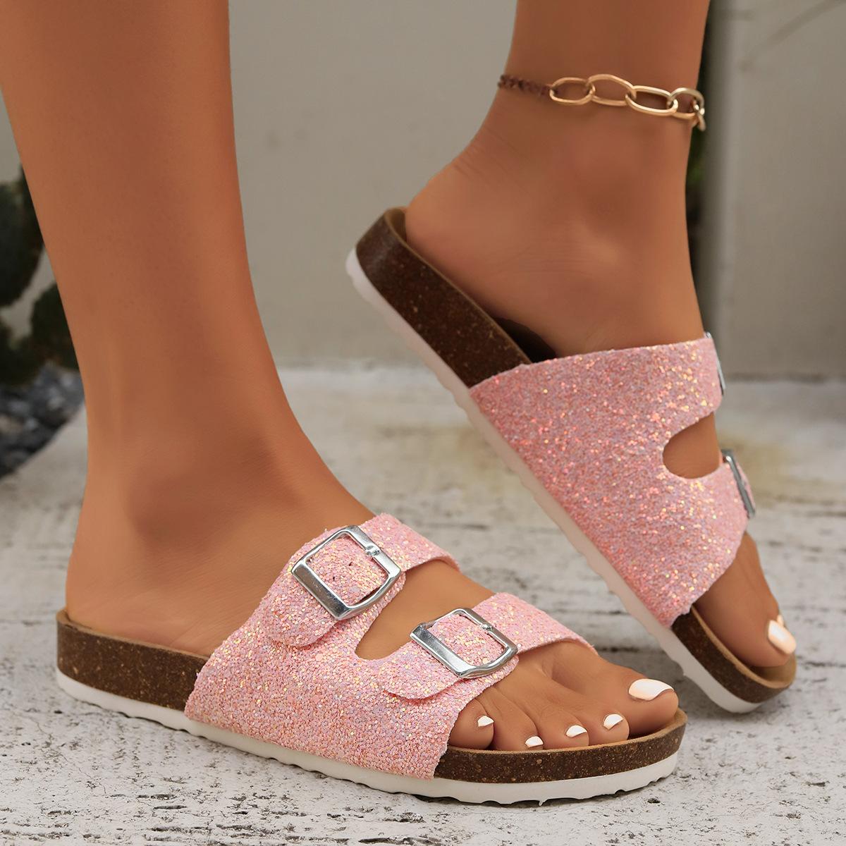 

2025 flat-bottomed summer soft-soled wood cloth buckle Ken one-word double-breasted sequined rhinestone fashion foreign trade slippers women 44