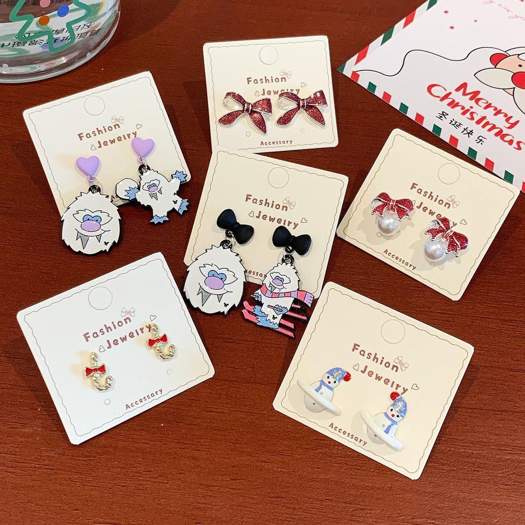 Boucles d'oreilles Stud Festives d'Hiver Dessin Animé Père Noël & Bonhomme de Neige avec Nœud pour Femmes - Bijoux de Fête à Aiguille Argentée