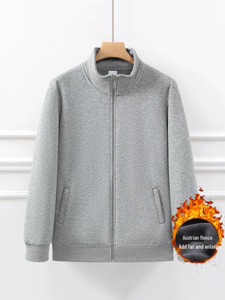 Men's Plus Size Fleece-Lined Stand Collar Cardigan Jacket - Thick, Loose, Casual, Versatile Winter Sweatshirt