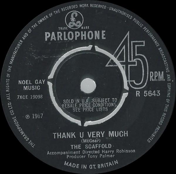 7inch Record SCAFFOLD - Thank U Very Much R5643 Parlophone 1967 UK Rock Used