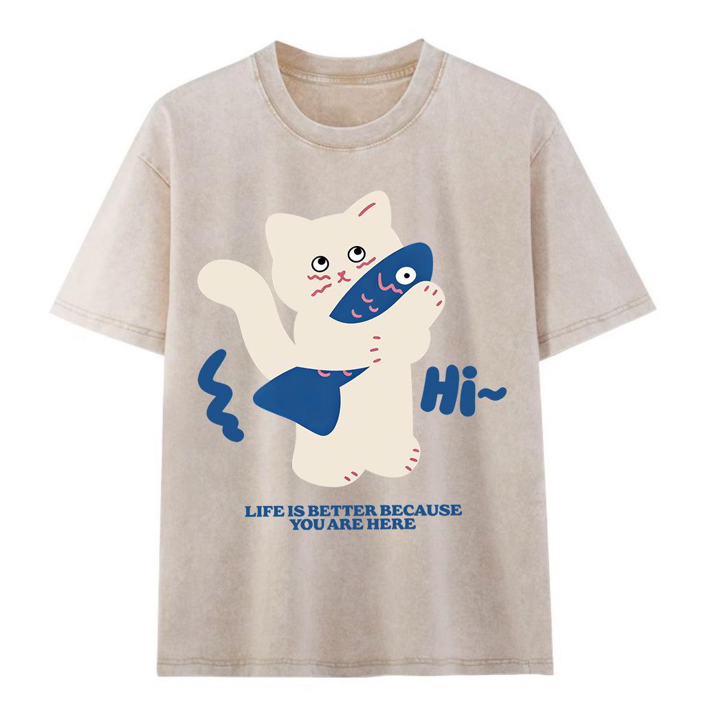 2026 Summer American Retro Men’s Washed Short Sleeve T-shirt - Trendy Loose Fit with Vintage Print